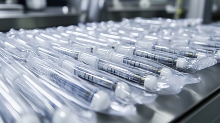 Rows of individually wrapped medical thermometers for sterile health monitoring in a clean production environment