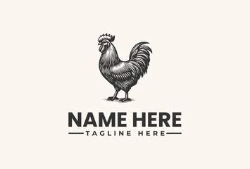 Vector illustration of a rooster with bold text and lines for a company name and tagline on a clean background.