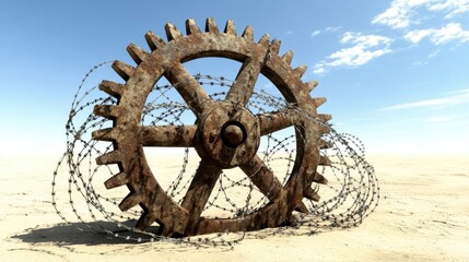 Rusty cogwheel encircled by barbed wire in the desert sun