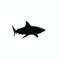 Obraz premium A black silhouette of a shark facing left, with detailed fins and shape, against white
