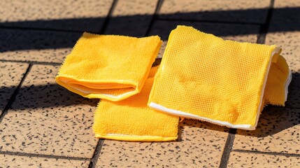 Several yellow disposable cleaning wipes showing dampness scattered on a tiled outdoor surface under sunlight