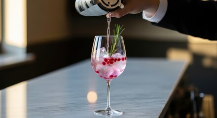 Bartender pouring pink cocktail with ice and garnish into glass  