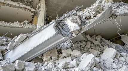 Severed steel girder twisted and deformed amidst rubble of a collapsed structure