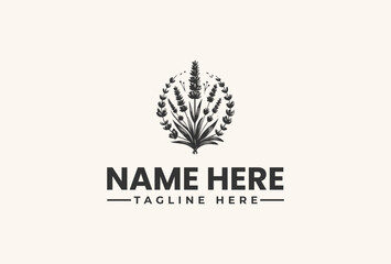 Black vector illustration of a plant logo with leaves and a flower, accompanied by 'NAME HERE' and 'TAGLINE HERE' text on a beige background.