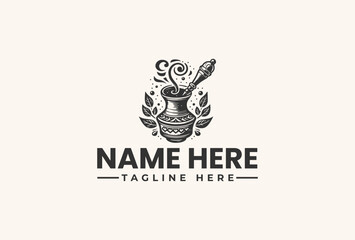 A vector logo illustration featuring a mortar and pestle surrounded by leaves and decorative swirls on a clean white background with a placeholder name and tagline.