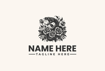Black and white vector illustration of a floral logo design with a bird, text placeholder on a beige background.