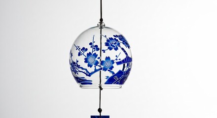 日本の夏の風物詩である美しいガラス風鈴 柔らかな光が青い花模様を照らし優雅で涼やかな雰囲気を醸し出す. AI Generated