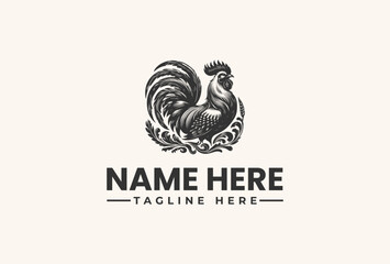Black and white vector illustration of a rooster logo with a placeholder name and tagline on a beige background.