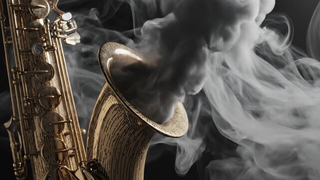 Dramatic slow motion abstract animation of thick, billowing smoke rising and swirling around the brass curves of a stylized woodcut saxophone bell curves, thick, dramatic