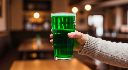 A hand holds a green beer in a pub during St. Patrick's Day celebrations.