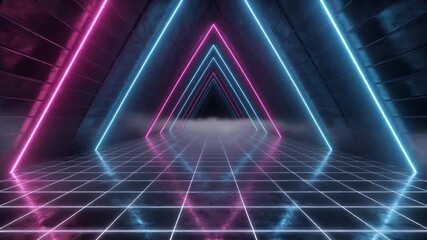 Neon Glowing Geometric Grid Tunnel. Seamless Looping Sci-Fi 3D Animation Background. Dark Cyberpunk Futuristic Retro Wave Concept. - Powered by Adobe