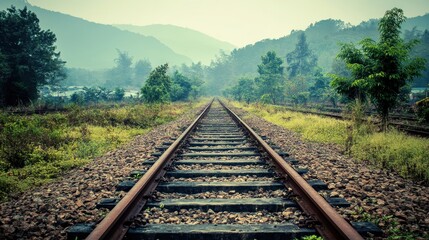 Obraz premium Overgrown Railway Tracks Leading Towards a Misty Horizon