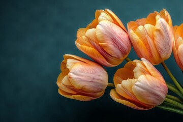 Vibrant orange tulips in full bloom against a soft teal backdrop, showcasing nature's elegance.