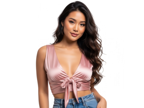 Attractive young woman with long wavy hair posing in a pink satin top - Powered by Adobe