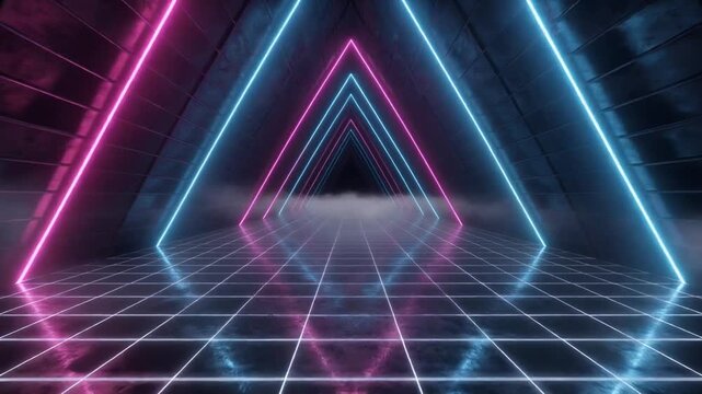 Neon Glowing Geometric Grid Tunnel. Seamless Looping Sci-Fi 3D Animation Background. Dark Cyberpunk Futuristic Retro Wave Concept.