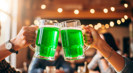 Friends toast with green beer mugs in the lively atmosphere of a pub. St. Patrick's Day.