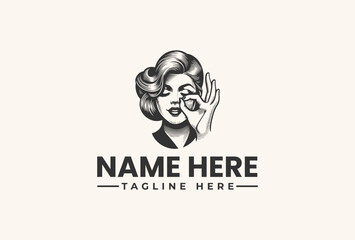 A black and white vector illustration of a woman covering one eye with her hand, with a placeholder text for 'NAME HERE' and 'TAGLINE HERE' on a plain beige background.