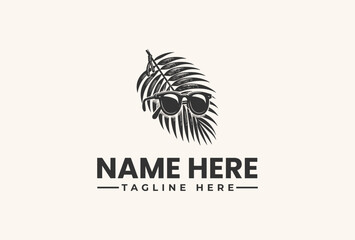 A black and white illustration of a palm leaf with sunglasses and placeholder text for a name and tagline on a plain beige background, featuring a modern vector logo design.