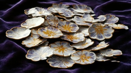 Shattered decorative pottery displaying flower design in close up