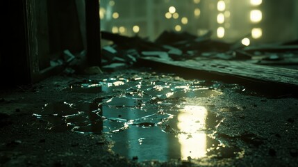 Shattered Glass Fragments Reflecting in Muddy Puddles at Night