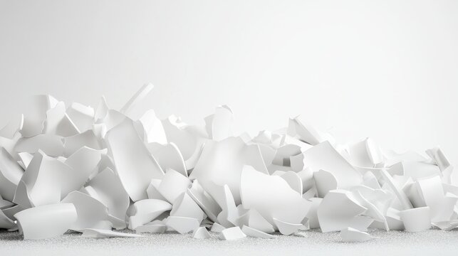 Shattered white porcelain fragments scattered on a surface