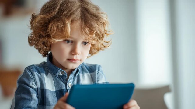 Curly haired young boy in a blue plaid shirt intently using a digital tablet indoors. Modern technology captivates children and enhances their learning and entertainment experiences