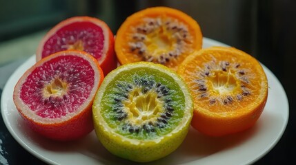 Sliced Exotic Fruits Presented Close Up on a White Plate