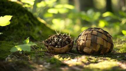 Small woven baskets holding nuts on the forest floor surrounded by natural greenery and dappled sunlight