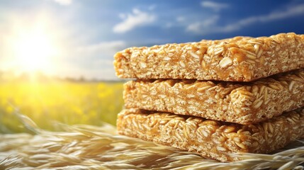 Stack of healthy protein energy bars made with oats and grains sits in a sunny outdoor field under a blue sky