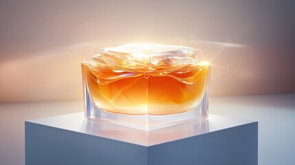 Stylish Perfume Bottle on White Surface with Golden Light