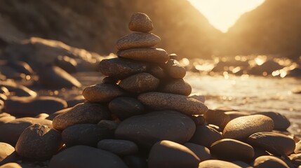 Stacked river stones creating precarious balance in sunlight