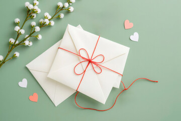 White envelopes tied with red thread with cute paper hearts and a flowering branch on a green background.