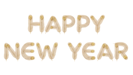 Happy New Year Gold Foil Balloon Lettering on White Background