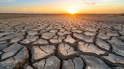Sunlight illuminates a vast expanse of cracked earth resembling a dried riverbed under a vibrant sunset sky