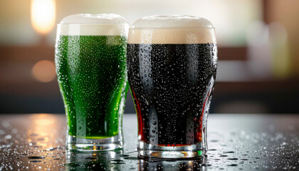 Two glasses of green and dark beer with condensation on table  