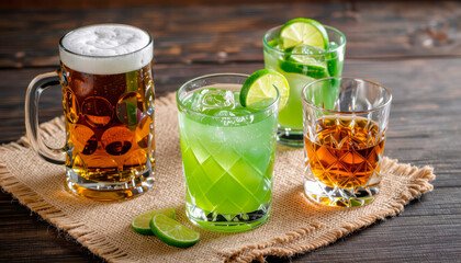 Refreshing cocktails and beer with lime garnishes on wooden table  