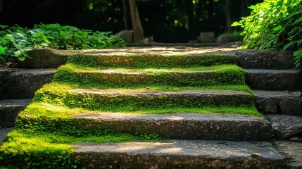 Stone steps overgrown with moss and lichen in sunny garden