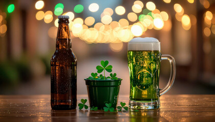 Green beer and bottle with shamrock plant on wooden table  