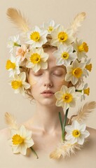 Golden Spring Backdrop with Duck Feather Texture and Narcissus Flowers