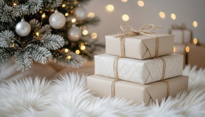 Stack of Christmas gift boxes on white fur rug beside tree  