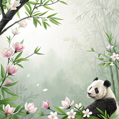 Fresh Spring Background Inspired by Panda Fur with Magnolia Floral Border