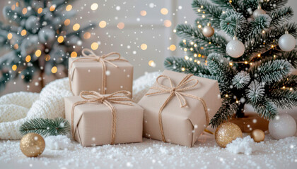 Wrapped Christmas gifts near a decorated Christmas tree in a winter setting, with light bokeh and falling snow in the background