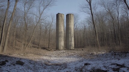 Two derelict weathered silos standing tall and alone amidst a barren winter forest landscape