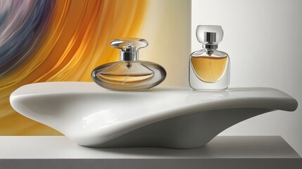 Two perfume bottles in a luxurious display setting