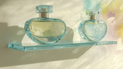 Two Perfume Bottles on a Floating Tempered Glass Shelf