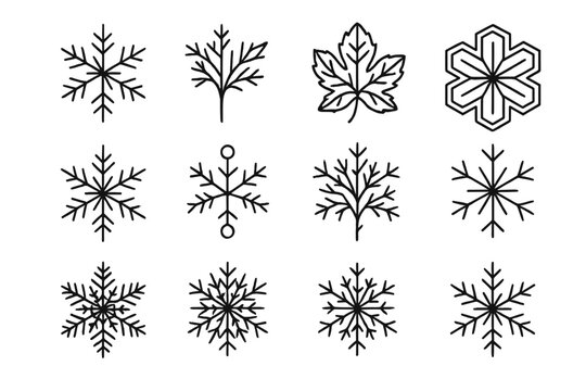 Winter Fractal Icons. Winter fractal shapes. Line outline icon set of Winter fractal shapes: frost star,