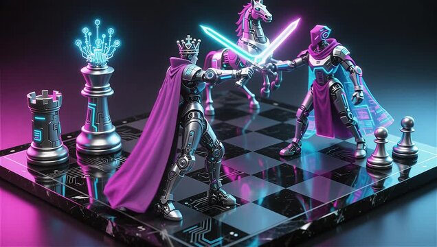 Futuristic chess pieces glowing with neon light on a digital board. Strategic sci-fi animation symbolizing intelligence, tactics and artificial intelligence concepts.