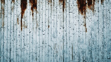 Obraz premium Torrents of rain lash against a heavily rusted and weathered corrugated metal surface with numerous water drops adhering to the texture