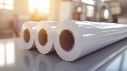 Three large rolls of white reflective sheeting material arranged on a table in a bright manufacturing facility with soft lighting