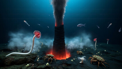 Deep Sea Hydrothermal Vent Ecosystem with Black Smoker and Chemosynthetic Life Forms